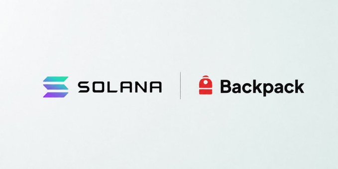 The image displays the logos of "SOLANA" and "Backpack" side by side, visually reinforcing the announcement that Backpack has decided to remain on the Solana blockchain after deliberation, expressing gratitude to the Solana foundation and community.