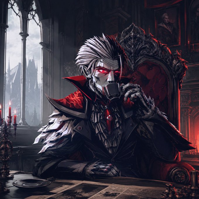 A dark, gothic digital illustration depicts a pale vampire-like figure with glowing red eyes, silver hair, and an ornate Victorian outfit, drinking from a teacup while seated in an elaborate red chair.