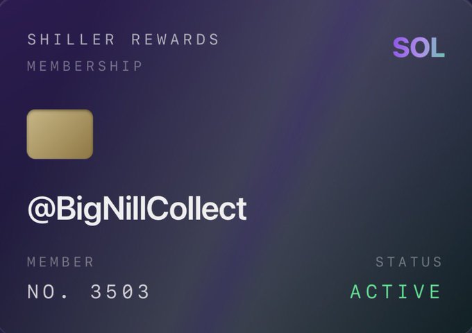 The image features a credit card with a purple background, displaying the text "solana" at the top of the card. Below that, there are two lines of text: one stating "BigNillCollect" and another saying "3500". The card also has a small logo in the bottom left corner.