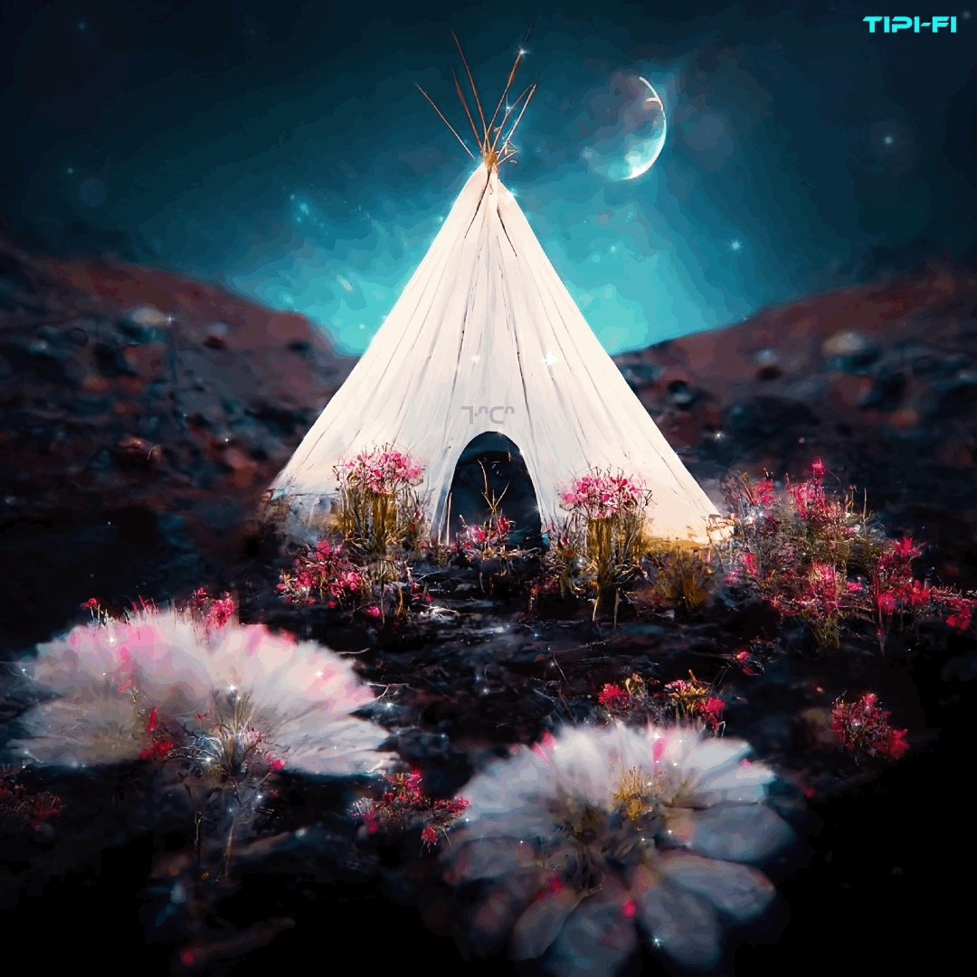 The image features a white teepee with pink flowers surrounding it, set against a dark blue sky. The teepee appears to be made of wood or covered in tarps, giving it an authentic Native American appearance. The teepee is situated on a hillside, surrounded by various plants and flowers that add to the overall ambiance of the scene. The image also includes text elements such as "tân’si I finally minted these ƒᐡᑡᔭᐏ ƒᐣᑠᕡᗡ" (tips) and "by and by" (tez).