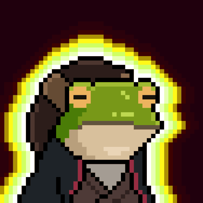 A pixel art portrait of a character with closed eyes wearing a green face mask, a yellow and white striped hood, and a dark jacket with red accents, set against a dark red background.