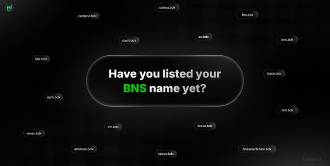 Black promotional graphic with the question 'Have you listed your BNS name yet?' in a central rounded button, surrounded by various .bdx domain names (solana.bdx, cardano.bdx, bnb.bdx, etc.) floating on a dark grid background, with beldex.io watermark.