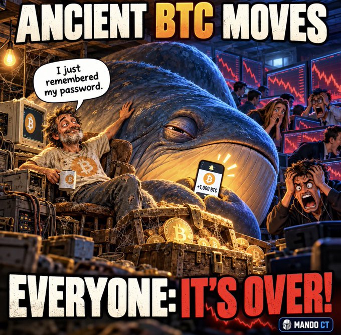 A chaotic meme illustration titled "ANCIENT BTC MOVES" depicts a relaxed man in a worn armchair surrounded by old mining equipment, casually saying "I just remembered my password," while behind him looms a massive whale and panicked onlookers watch crashing charts on screens, with a phone notification showing "+1,000 BTC." At the bottom, bold text declares "EVERYONE: IT'S OVER!" — visually satirizing how Crypto Twitter panics whenever long-dormant Bitcoin from early mining days suddenly moves, despite the likely mundane explanation of someone simply recovering access to their wallet.