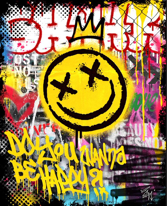 A bold graffiti-style artwork features a large yellow smiley face with X eyes wearing a crown, dripping paint, and bold yellow handwritten text reading "Do you wanna be happy?"—a visual match to the accompanying "Be Happy" genesis drop promoting 10 editions for 10 USD in SOL.