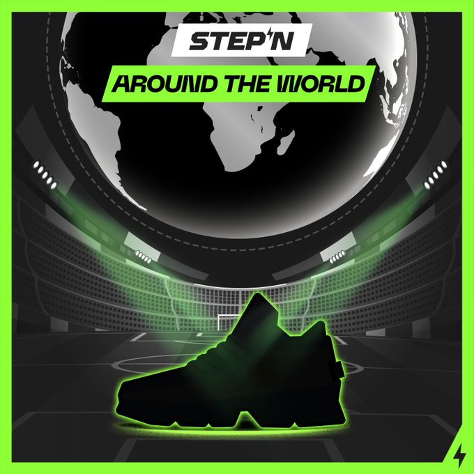 "Around The World" is a popular series of posts featuring various locations from around the globe, with each post accompanied by an illustration or photo of a shoe that matches the theme. In this particular image, there's a pair of shoes displayed against a black background, which appears to be a stadium. The caption reads: "The world is about to move again. STEPN Around The World is coming back for 2026."
