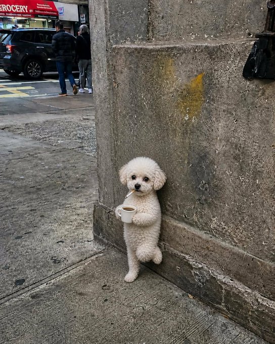 A small white dog stands on its hind legs against a stone wall on a city street, holding a small white cup.