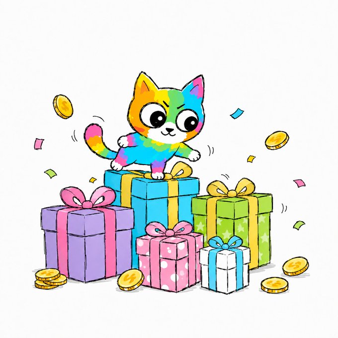 The image features a cartoon cat sitting atop a stack of presents with colorful gift boxes surrounding it. The cat appears to be looking at the camera while perched on top of one of the gifts. In the background, there are more gift boxes scattered around, adding to the festive atmosphere. The text in the image reads "Giveaways 50K - Join the Telegram + Drop you're SOL wallet + Max engage my last 48 Hours, Good luck".