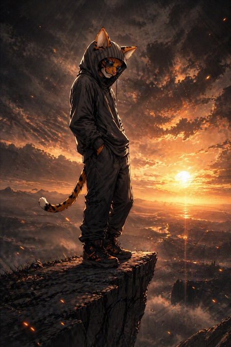 A hooded figure with cat ears and a striped tail stands alone on a cliff's edge, silhouetted against a dramatic sunset sky with fiery clouds and a glowing horizon, evoking the introspective, hopeful mood of "Dream big & tight."