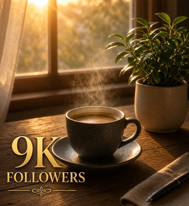 A ceramic coffee cup sits on a saucer on a wooden table next to a potted plant by a sunlit window, with text reading '9K FOLLOWERS'.