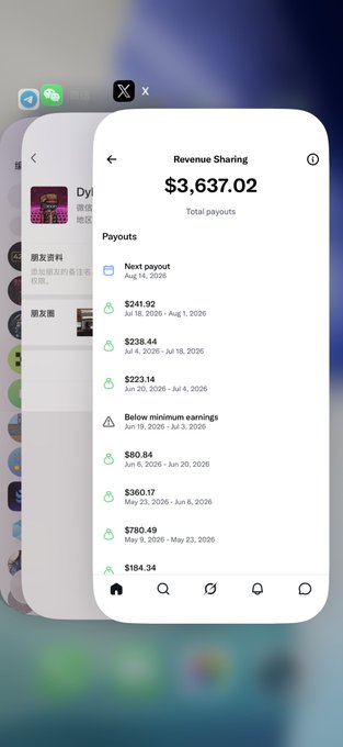A smartphone screen displays a Revenue Sharing dashboard showing total payouts of $3,637.02, with a history of earnings ranging from $80.84 to $360.17 between April and May 2026, reflecting modest but consistent creator earnings that align with the post's sentiment of contentment despite the limited income.