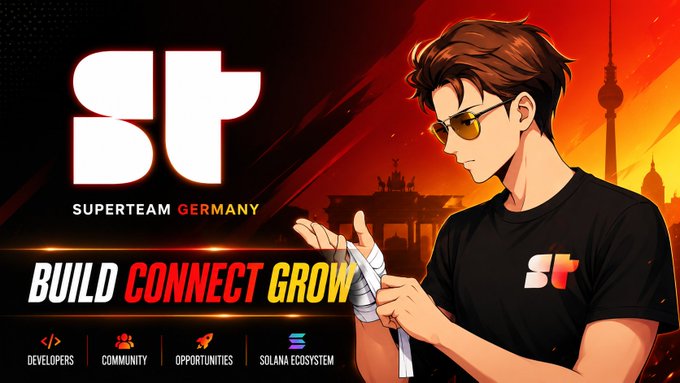 The image features a man wearing sunglasses and a black t-shirt with the word "Superteam Germany" written on it. The background of the image is red and orange, which gives it an artistic feel. Below the main image, there's text that reads "Build Connect Grow". This suggests that the image might be related to a post or content about building connections within the web3 and Solana ecosystems.