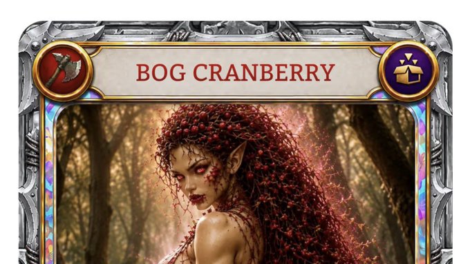 A fantasy-style card or item titled 'BOG CRANBERRY' features an elf-like female figure with red hair in a forest setting, framed by metallic borders with an axe and treasure icons.