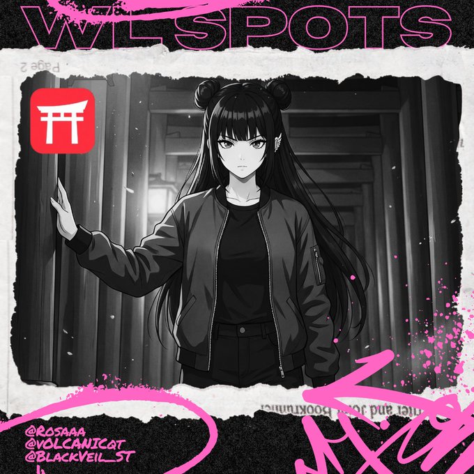 An anime-style black and white image of a girl with long dark hair in twin buns wearing a bomber jacket, framed with pink text reading 'V VILSPOTS' and social media handles '@ROSAAA', '@VOLCANICCAT', and '@BLACKVEIL_ST'.