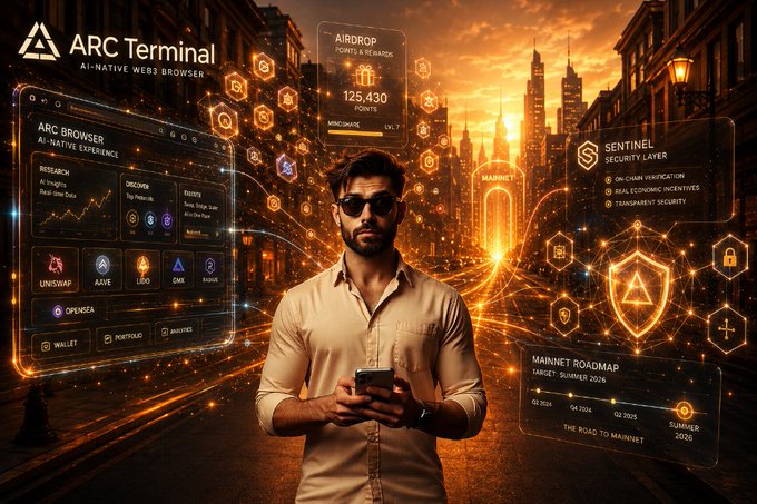 The image features a man standing in front of a cityscape, holding his phone up to his face as if he's taking a selfie or looking at something interesting on his device. The city behind him has tall buildings with orange lights, creating an urban atmosphere. In the background, there is a website called "ARC Terminal" displayed, which seems to be related to cryptocurrency and blockchain technology. The image also includes text that reads: "The ARC Terminal is bringing an AI-native way to interact with Web3 Sentinel is adding a verifiable security layer designed to make trust measurable instead of".