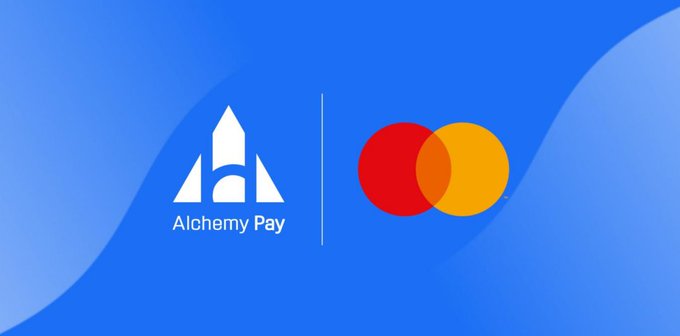 A blue graphic showing the logos of 'Alchemy Pay' and Mastercard side by side.