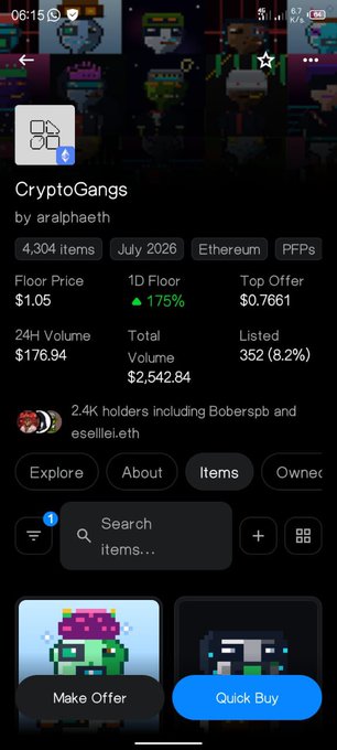 A mobile screenshot of the CryptoGangs NFT collection on OpenSea, showing 4,304 items, a floor price of $1.05 (up 175% in 1D), and 2.4K holders including "Boberspb" and "essellie.eth." The image illustrates the user's bullish sentiment about the Ethereum-based project, with rising floor prices supporting their belief in its potential.