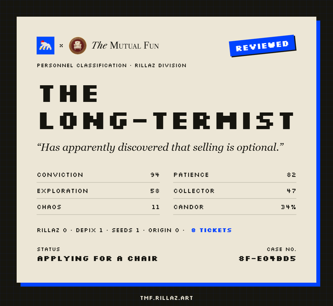 A digital profile titled 'THE LONG-TERMINIST' from 'The Mutual Fun,' noting a status of 'APPLYING FOR A CHAIR' and listing various stats like Conviction at 94 and Patience at 82, with an '8 TICKETS' count and a 'REVIEWED' badge.