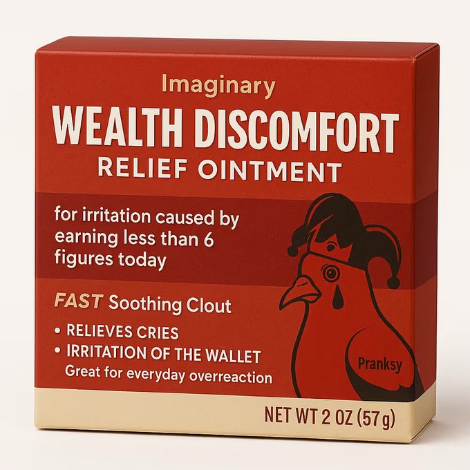 A product box labeled 'Imaginary WEALTH DISCOMFORT RELIEF OINTMENT' from Pranksy features a crying cartoon chicken and claims to relieve 'irritation caused by earning less than 6 figures today'.