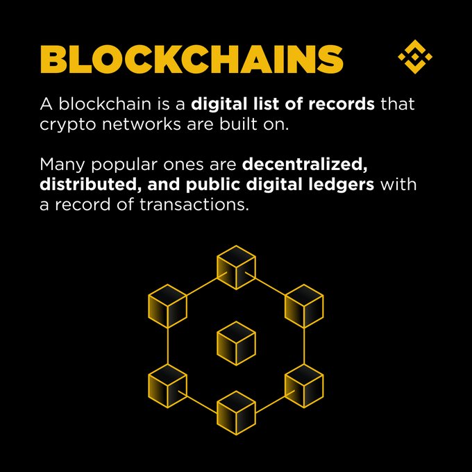 A Binance educational graphic explaining blockchains as digital lists of records that crypto networks are built on, describing them as decentralized, distributed, and public digital ledgers, accompanied by a gold geometric cube logo.