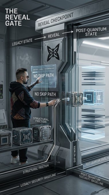 A digital illustration labeled 'THE REVEAL GATE' depicting a person interacting with a futuristic checkpoint that separates 'LEGACY STATE' from 'POST-QUANTUM STATE,' with text including 'NO SKIP PATH' and 'STRUCTURAL FRICTION.'