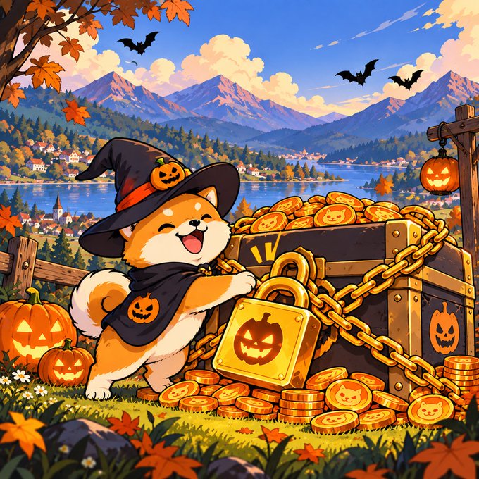 A colorful Halloween-themed illustration of a Shiba-inu dog in a witch hat hugging a giant padlock beside a treasure chest overflowing with gold coins, surrounded by jack-o'-lanterns and bats.