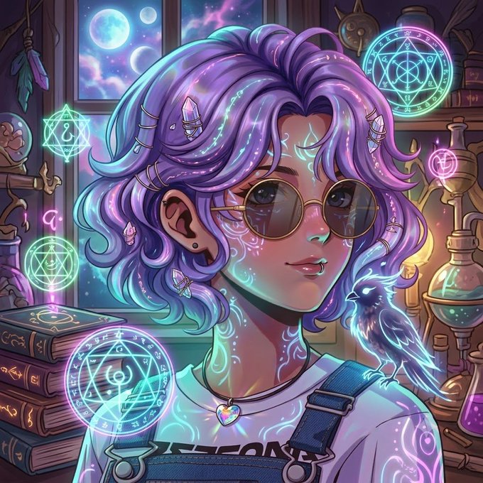 A digital illustration of a purple-haired girl with glowing magical tattoos, round sunglasses, and crystal hair accessories, surrounded by glowing neon rune circles, a small raven, and a wizard's study filled with potions and spellbooks.