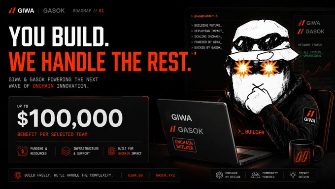 Promotional graphic for GIWA & GASOK builder program featuring a hooded figure at a laptop, advertising 'YOU BUILD. WE HANDLE THE REST.' with up to $100,000 benefit per selected team.
