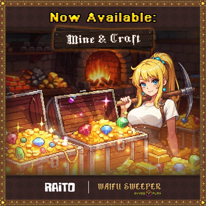 The image features a woman standing next to a chest filled with gold coins. The text "mine & craft" is written above her head, indicating that she has been involved in mining activities within the Ygg! Play game.