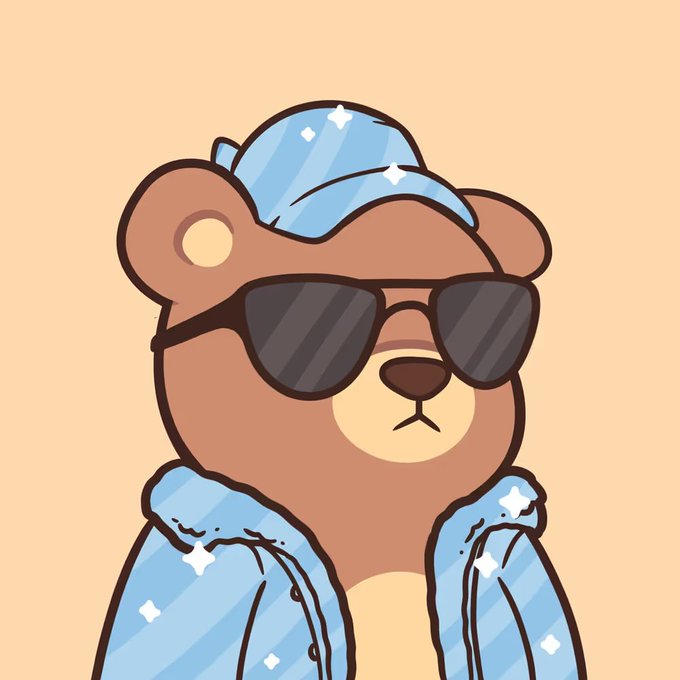 A cartoon illustration of a brown bear wearing sunglasses, a light blue striped cap and matching jacket with star/sparkle details, set against a beige background.