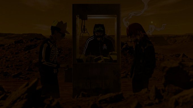 A dark, stylized animated scene set in a desert landscape where a figure in a cowboy hat and skeleton shirt stands next to a booth operated by a masked character, with another cloaked figure smoking nearby.