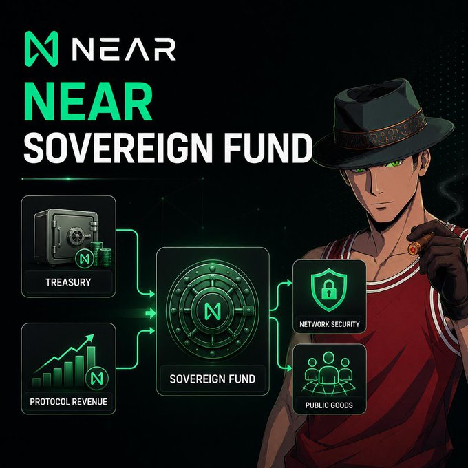 An infographic titled "NEAR SOVEREIGN FUND" depicting a flowchart from "TREASURY" and "PROTOCOL REVENUE" to a central fund, then to "NETWORK SECURITY" and "PUBLIC GOODS," alongside an anime-style character in a red top and fedora.
