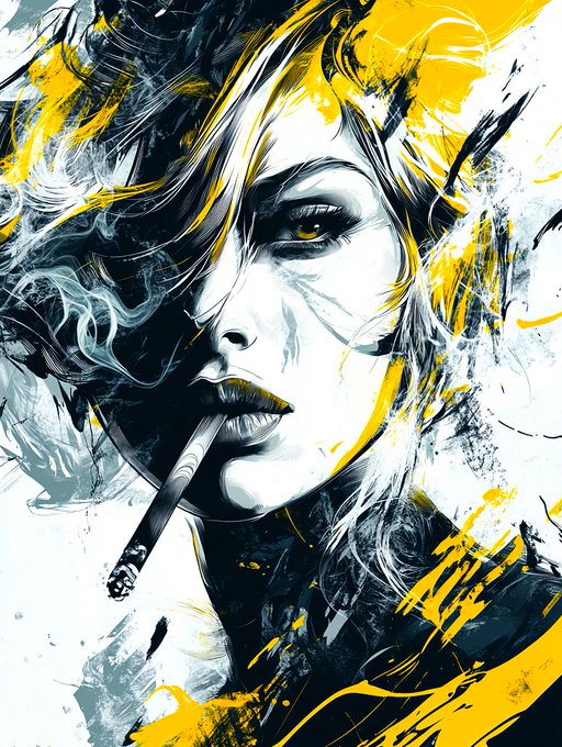 A stylized digital illustration of a woman with wild dark hair, yellow eyes, and yellow lipstick, smoking a cigarette with bold black, white, and yellow abstract brushstrokes.