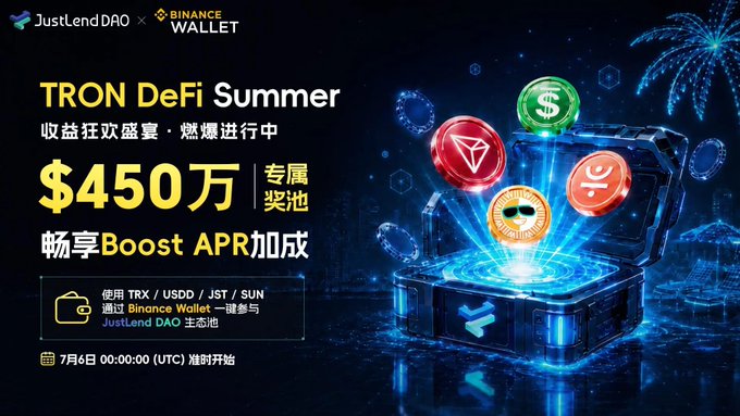 A promotional banner for 'TRON DeFi Summer' by JustLend DAO and Binance Wallet, advertising a $4.5 million prize pool with Boost APR rewards using TRX/USDD/JST/SUN tokens, starting July 6 at 00:00 UTC.