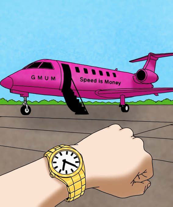 A cartoon illustration shows a hand wearing a gold watch in the foreground with a pink private jet labeled 'GMUM Speed is Money' parked on a tarmac under a blue sky.