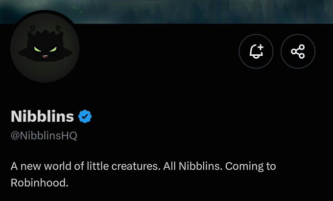 A Twitter/X profile for 'Nibblins' (@NibblinsHQ) with a black furry creature avatar, reading 'A new world of little creatures. All Nibblins. Coming to Robinhood.'