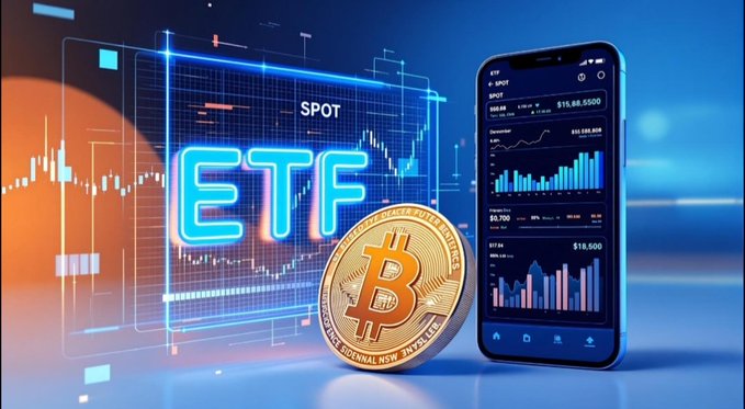 A digital display shows "SPOT ETF" alongside a Bitcoin coin and a smartphone displaying trading charts with figures around $15,500-$15,688, visually representing the steady institutional ETF inflows supporting Bitcoin's long-term demand despite short-term volatility.