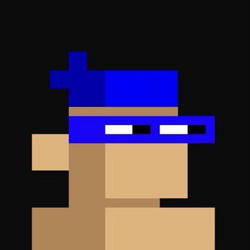 A minimalist pixel art illustration of a figure with a blue head covering, set against a black background.