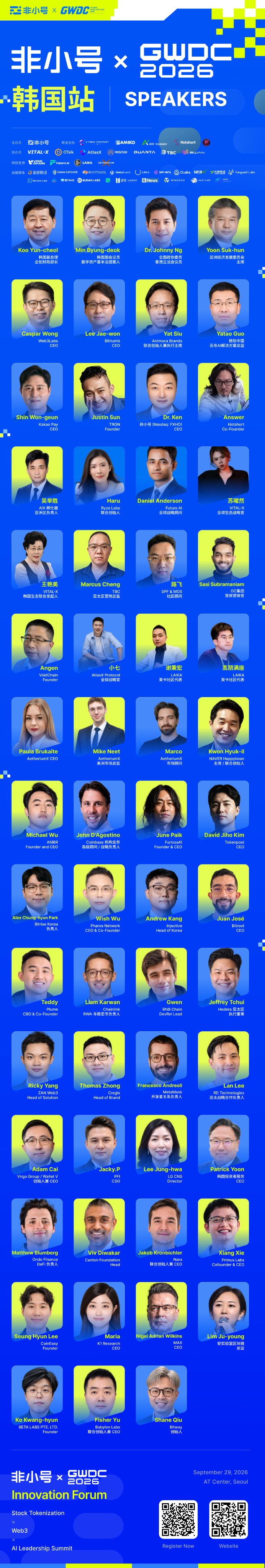 A speaker lineup poster for 'GWDC 2026 Korea' Innovation Forum at AT Center, Seoul on September 29, 2026, featuring headshots and titles of over 40 speakers including Koo Yun-shaul, Min Byung-deok, and Yoon Suk-yeol.