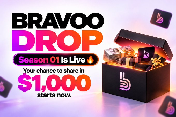 A promotional graphic for 'BRAVOO DROP Season 01' featuring a box filled with money and gifts, offering a chance to share in $1,000.
