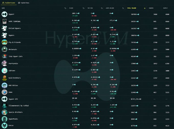 A dark-themed NFT collections dashboard displaying various cryptocurrency projects with metrics including Floor, Top Bid, 24HR Volume, Total Volume, Owners, and Supply, featuring Hypurr, HYPE TERMINAL, Exiled Hypers, and other collections.