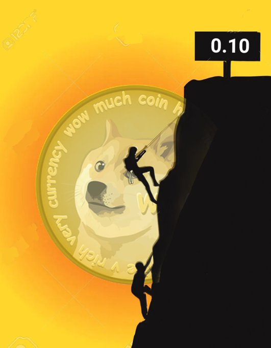 A stylized illustration shows silhouettes of climbers scaling a cliff toward a Dogecoin logo, with text reading 'very currency, wow much coin' and a score display showing '0.10'.