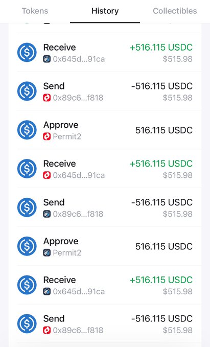 A transaction history screen showing multiple 'Receive', 'Send', and 'Approve' entries for USDC amounts, including transactions labeled 'Permit2' and addresses starting with '0x645d' and '0x89c6'.