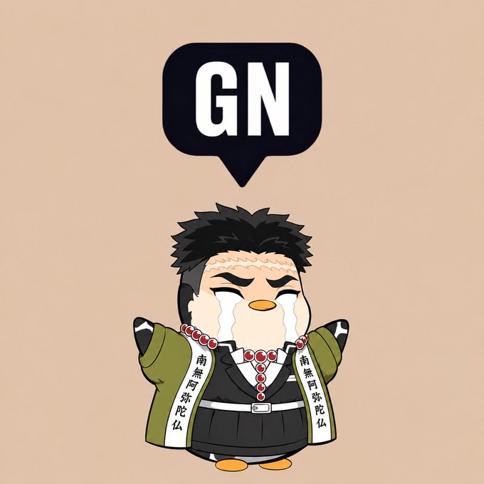 A cartoon penguin styled like the character Gyomei Himejima from Demon Slayer, crying profusely with a speech bubble saying 'GN'.