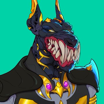 A digital illustration of a menacing anthropomorphic dragon or lizard character with sharp teeth, dark scales, gold accents, and purple gems on its armor against a teal background.