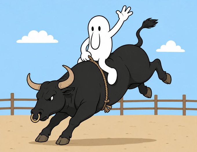 A cartoon white ghost-like character waves while riding a bucking black bull in a dusty arena, with a wooden fence and blue sky with clouds in the background.