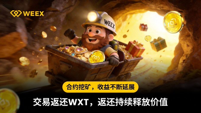 WEEX cryptocurrency exchange advertisement showing a cartoon miner in a cart full of gold coins with Chinese text promoting contract mining and WXT token trading rebates.