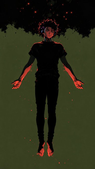 An anime-style digital illustration of a dark-haired figure in black clothing, illuminated by red light with red glowing particles around them against a dark green background.