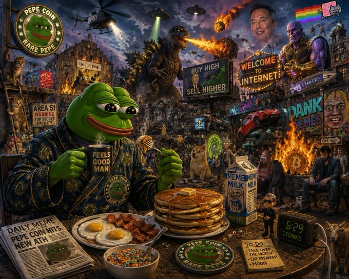 A chaotic meme-style illustration featuring a large Pepe the Frog character enjoying breakfast, surrounded by references to cryptocurrency, internet culture, Elon Musk, Thanos, and Godzilla.