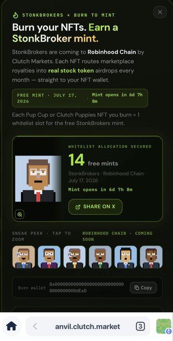 A mobile webpage from anvil.clutch.market advertises a 'STONKBROKERS' NFT mint on Robinhood Chain, with a free mint date of July 17, 2026.