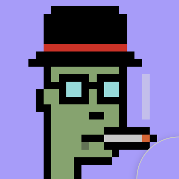 A pixel art illustration of a green-skinned character wearing a black top hat with a red band, smoking a cigarette against a purple background.
